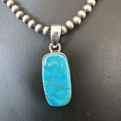 Navajo Blue Kingman Turquoise Pendant Necklace | Sterling Silver | 20" | Authentic Native American Handmade | 16701