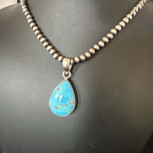 Blue Kingman Turquoise Pendant | Navajo Pearls | Sterling Silver Necklace 20" | 17010