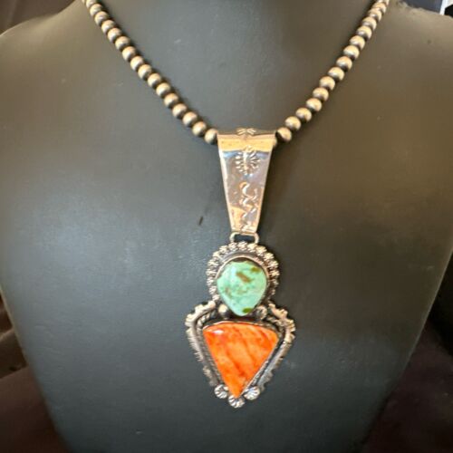 Navajo Green Royston Turquoise | Spiny Pendant Necklace | Sterling Silver | Native American Handmade | 17013
