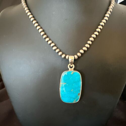 Blue Kingman Turquoise Pendant | Navajo Pearls | Sterling Silver Necklace 20" | 16996