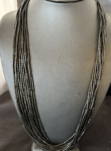 Black Onyx Heishi Tube Necklace | 10 Strand | 24" | Sterling Silver | 16067