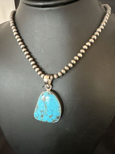 Navajo Blue Kingman Turquoise Pendant with Pearls | Sterling Silver Necklace | 20" | 17008