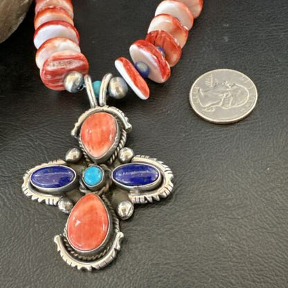 Navajo Red Spiny Oyster Lapis Pendant Necklace | Sterling Silver | Multi-Stone | 17668