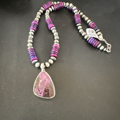 Navajo Purple Sugilite Pendant with Pearls | Sterling Silver Necklace | 21" | Authentic Native American Handmade | 10729
