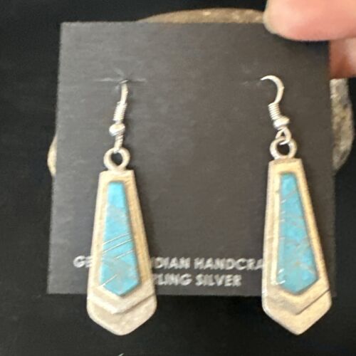 Navajo Blue Turquoise Inlay Earrings | Sterling Silver | Authentic Native American Handmade | 15269