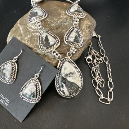 Navajo White Buffalo Turquoise Lariat Necklace | Sterling Silver Earrings | Authentic Native American Handmade | 16267