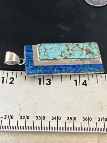 Men's Women's Blue #8 Turquoise Opal Inlay Pendant | Navajo Sterling Silver | 15198