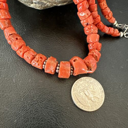 Navajo Graduated Red Coral Bead Necklace | Sterling Silver | 20" | Authentic Native American Handmade | 17375