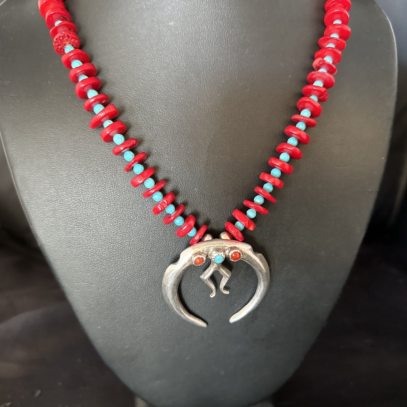 Navajo Blue Turquoise Naja Red Coral Sterling Silver Pendant Necklace 24" | Native American | 14434 - Masha USA