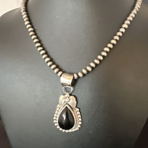 Native American Men's Pendant | Navajo Pearls | Sterling Silver Black Onyx Necklace | 16131