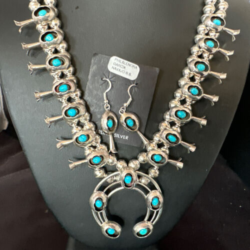 Navajo Kingman Turquoise Shadowbox Squash Blossom Necklace | Sterling Silver | Authentic Native American Handmade | 16089