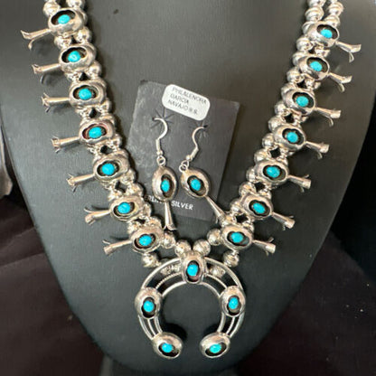 Navajo Kingman Turquoise Shadowbox Squash Blossom Necklace | Sterling Silver | Authentic Native American Handmade | 16089