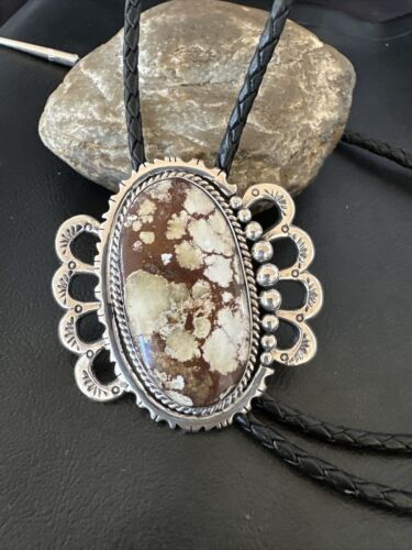 Navajo Men's Bolo Tie | Wild Horse Turquoise | Sterling Silver | Native American Handmade | 16757