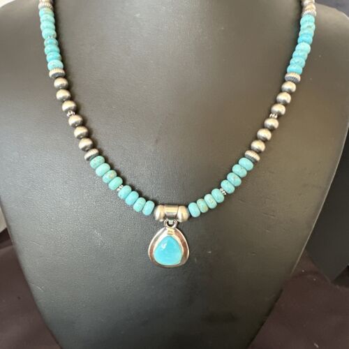 Men's Blue Turquoise Pendant Necklace | Navajo Pearls | Sterling Silver | Authentic Native American Handmade | 16644