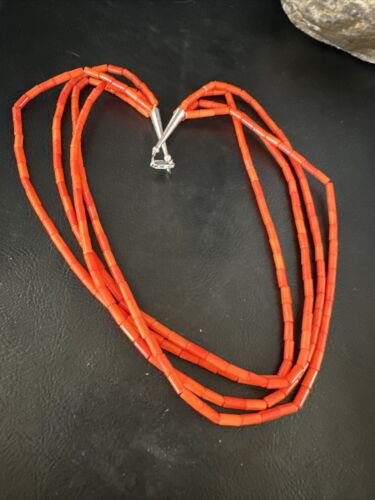 Navajo Orange Coral Tube Heishi Bead Necklace | Sterling Silver | 18" | Authentic Native American Handmade | 15281