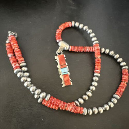 Navajo Red Spiny Oyster Opal Pendant Necklace | Sterling Silver Inlay | Authentic Native American Handmade | 16885