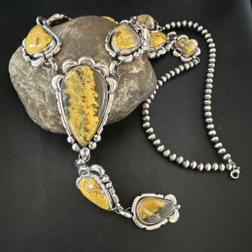 Navajo Yellow Bumblebee Jasper Lariat Necklace | Authentic Native American Sterling Silver | 17202