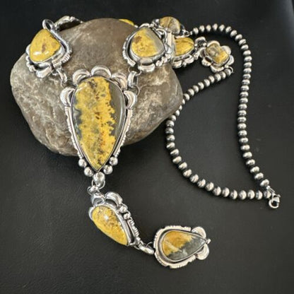 Navajo Yellow Bumblebee Jasper Lariat Necklace | Authentic Native American Sterling Silver | 17202