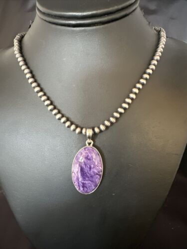 Navajo Pearls Purple Sugilite Pendant Necklace | Sterling Silver Beads | Authentic Native American Handmade | 15514