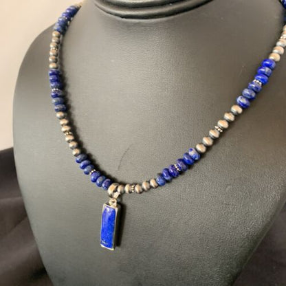 Navajo Blue Lapis Pendant with Pearls | Sterling Silver Necklace | Authentic Native American Handmade | 16934