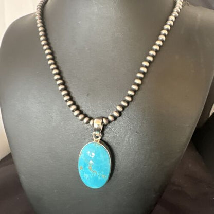 Navajo Blue Kingman Turquoise Pendant Necklace | Sterling Silver | 20" | Authentic Native American Handmade | 16687
