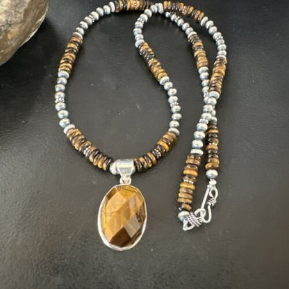 Southwestern Coffee Brown Tiger's Eye Pendant Necklace | Sterling Silver | 21" | 16369