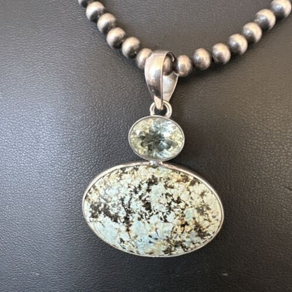 Navajo Dry Creek Turquoise Topaz Pendant Necklace | Sterling Silver | Authentic Native American Handmade | 16317