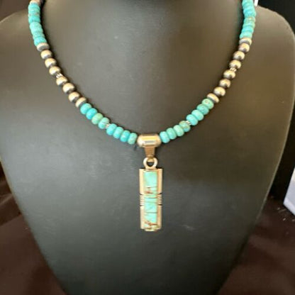 Men's and Women's Turquoise #8 Inlay Pendant Necklace | Navajo Sterling Silver | Authentic Native American Handmade | 17058
