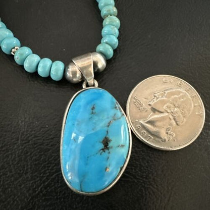 Navajo Blue Kingman Turquoise Pendant Necklace | Sterling Silver | 21" | Authentic Native American Handmade | 17087
