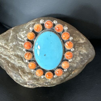Navajo Women's Cluster Turquoise Spiny Oyster Ring | Authentic Native American Sterling Silver | Multi-Stone | Sz 12 | 16026 - Masha USA