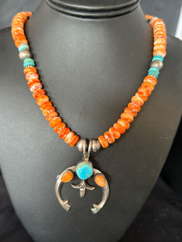 Navajo Blue Turquoise Spiny Naja Pendant Necklace | Sterling Silver | 23" | Authentic Native American Handmade | 14931