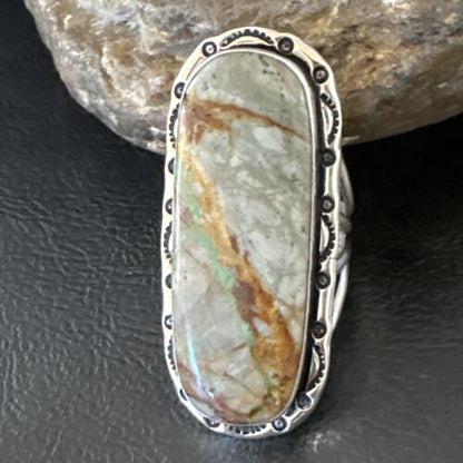 Navajo Ribbon Boulder Green Turquoise Ring | Sterling Silver | Sz 10 | Authentic Native American Handmade | 16255