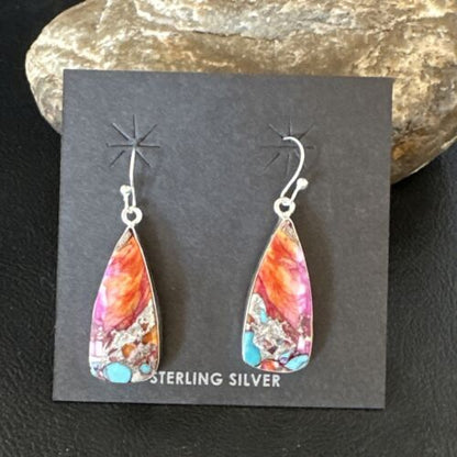 Navajo Red Spiny Oyster Turquoise Inlay Dangle Earrings | Sterling Silver | Authentic Native American Handmade | 15559
