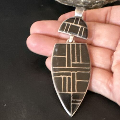 Navajo Sterling Silver Pendant with Black Onyx Inlay | Authentic Native American Handmade | 3" | 15174