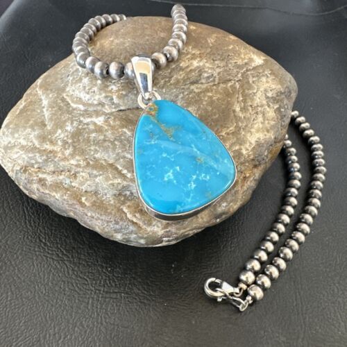 Navajo Blue Kingman Turquoise Pendant Necklace | Sterling Silver | 20" | Authentic Native American Handmade | 16671