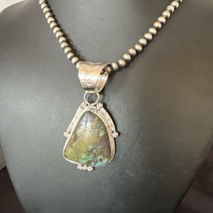 Men's Navajo Green Royston Turquoise Pendant Necklace | Sterling Silver | Authentic Native American Handmade | 17479