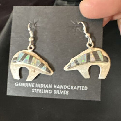 Navajo Onyx White Opal Inlay Dangle Earrings | Sterling Silver | Authentic Native American Handmade | 15352