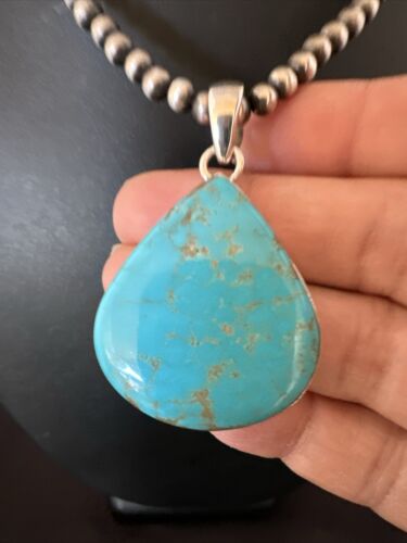 Navajo Blue Kingman Turquoise Pendant Necklace | Sterling Silver | 20" | Authentic Native American Handmade | 17001