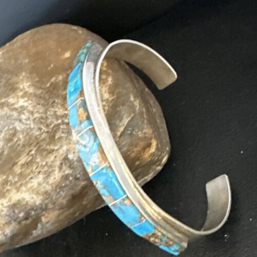 Navajo Men's Blue Mojave Turquoise Inlay Bracelet | Sterling Silver | Authentic Native American Handmade | 15065