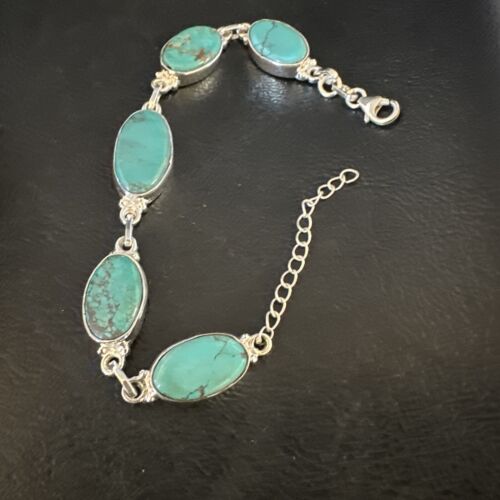 Navajo Blue Turquoise Link Bracelet | Sterling Silver | 8" | Authentic Native American Handmade | 15468