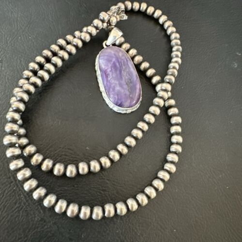 Navajo Purple Charoite Pendant with Pearls | Sterling Silver Necklace | Authentic Native American Handmade | 17313