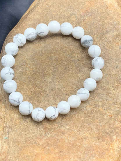 White Howlite Bead Mala Bracelet | 8mm | Stretchable | Authentic Native American Handmade | 4603