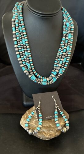 Navajo Sterling Silver 5 Strand 8mm Turquoise Heishi Necklace & Earrings Set | 20" | 17184