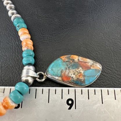 Navajo Spiny Turquoise Pendant Necklace | Sterling Silver | 21" | Authentic Native American Handmade | 17517