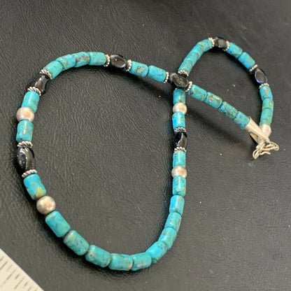 Authentic Tommy Singer Beads Necklace | Turquoise & Onyx | Sterling Silver | Gold | Native American Handmade | 17" | 10390