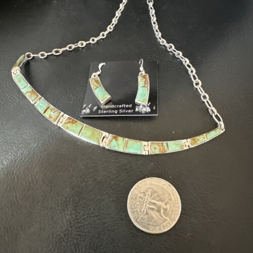 Navajo Choker Necklace with Blue #8 Turquoise Inlay | Sterling Silver Earrings Set | Native American Handmade | 16265