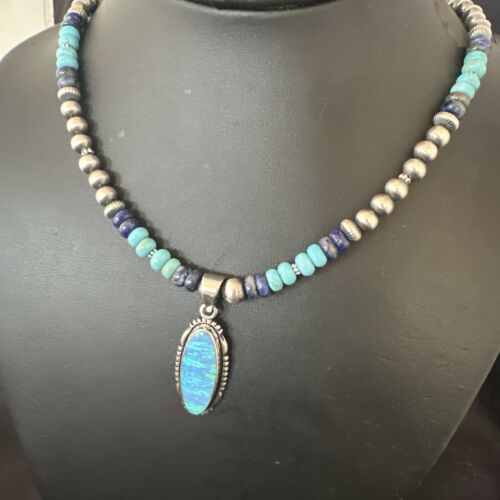 Navajo Opal Inlay Pendant with Turquoise Lapis Pearls | Sterling Silver Necklace | Authentic Native American Handmade | 16846
