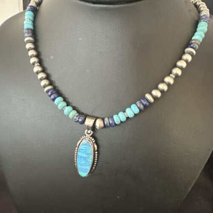 Navajo Opal Inlay Pendant with Turquoise Lapis Pearls | Sterling Silver Necklace | Authentic Native American Handmade | 16846