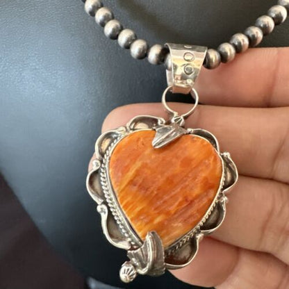 Navajo Orange Spiny Oyster Heart Pendant Necklace | Sterling Silver | Authentic Native American Handmade | 16298