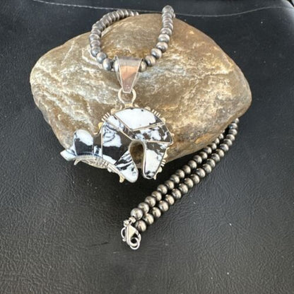 Navajo White Buffalo Turquoise Bear Inlay Pendant Necklace | Sterling Silver | Native American Handmade | 15248
